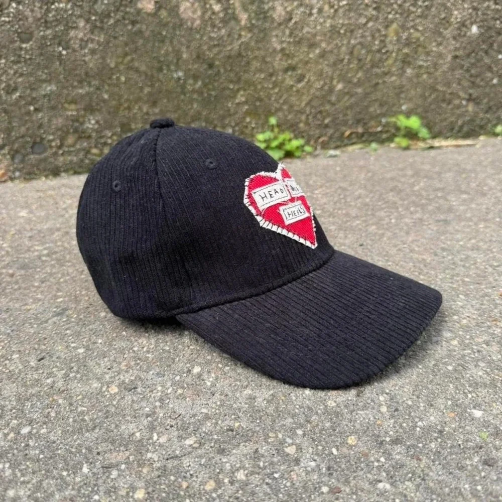 Black Embroidered Baseball Cap Corduroy Head Over Heels Red White Punk Handmade